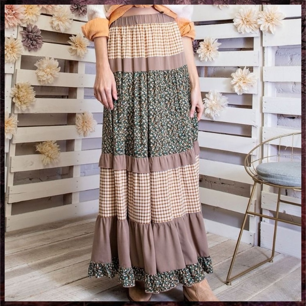 EASEL "Mix & Match" Gingham & Floral Print Ruffle Trim Tiered Maxi Skirt & Dress - Picture 14 of 16